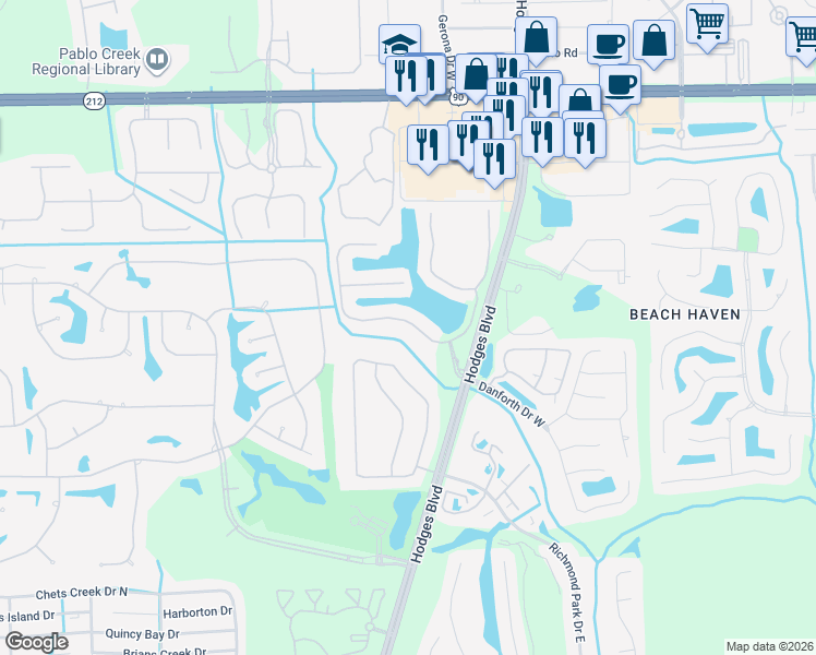 map of restaurants, bars, coffee shops, grocery stores, and more near 13566 Isla Vista Drive in Jacksonville