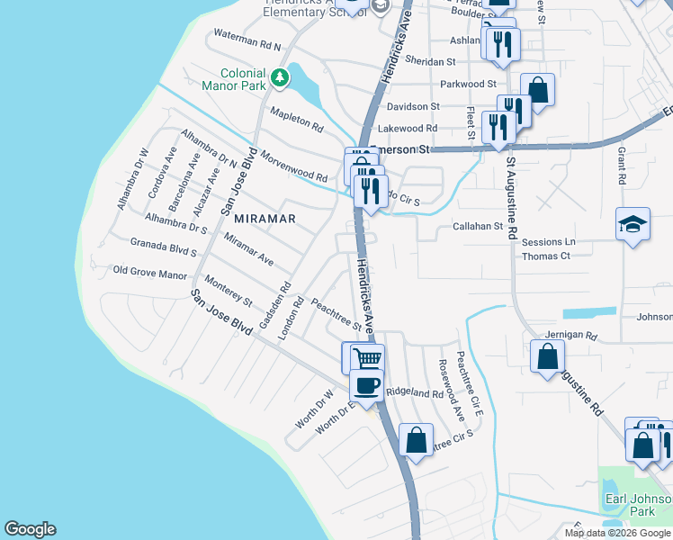 map of restaurants, bars, coffee shops, grocery stores, and more near 4052 Dover Road in Jacksonville