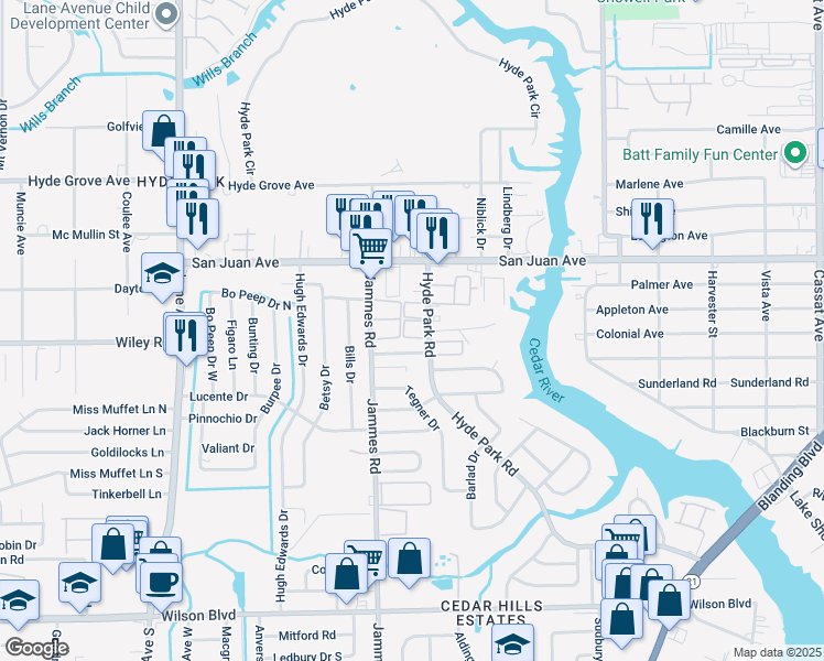 map of restaurants, bars, coffee shops, grocery stores, and more near 2113 Hyde Park Road in Jacksonville