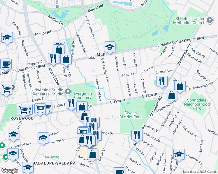 map of restaurants, bars, coffee shops, grocery stores, and more near 1302 E. M. Franklin Avenue in Austin