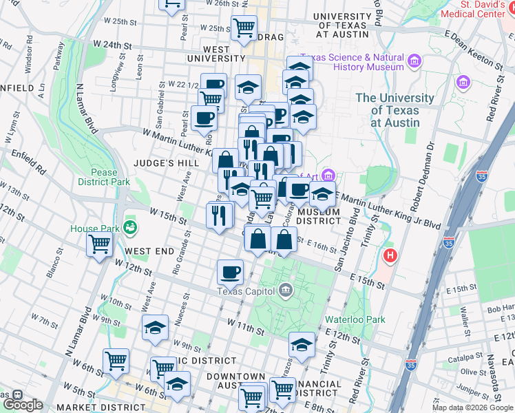 map of restaurants, bars, coffee shops, grocery stores, and more near 1612 Lavaca Street in Austin