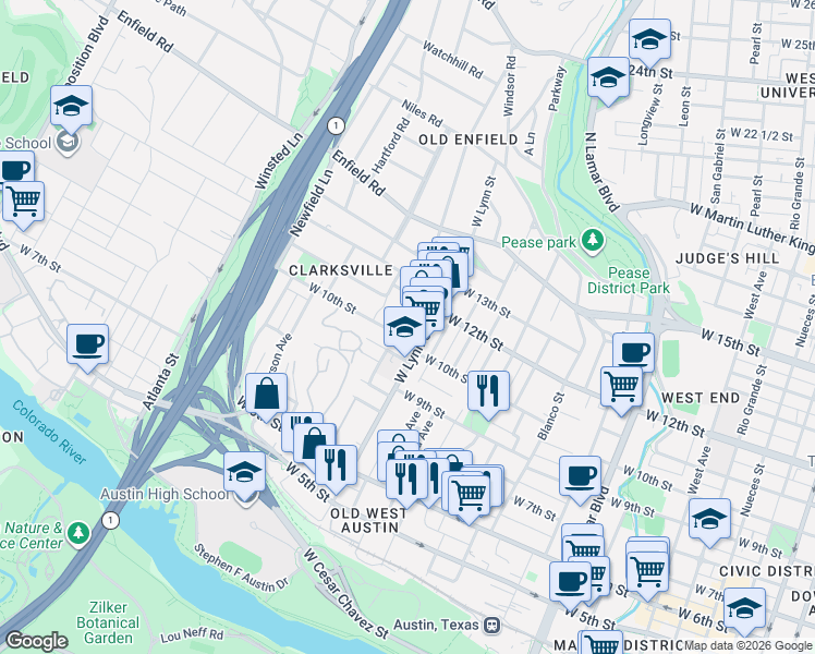 map of restaurants, bars, coffee shops, grocery stores, and more near 1608 West 9th 1/2 Street in Austin