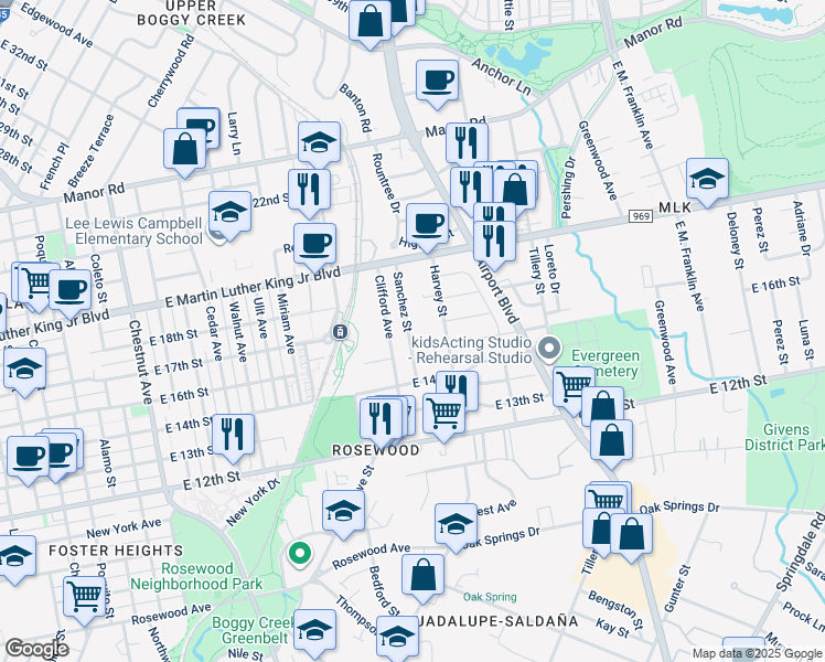 map of restaurants, bars, coffee shops, grocery stores, and more near 1601 Clifford Avenue in Austin