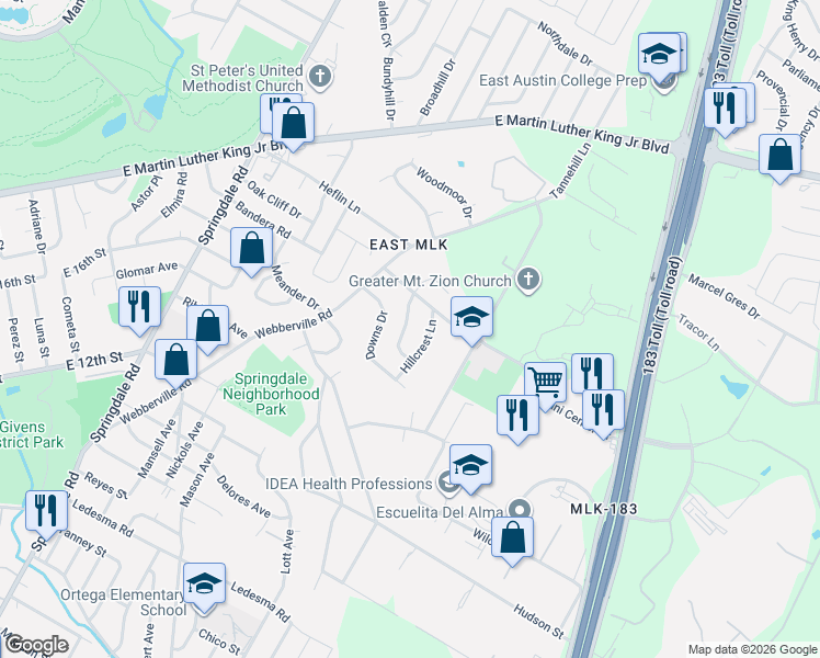 map of restaurants, bars, coffee shops, grocery stores, and more near 1709 Bunche Road in Austin