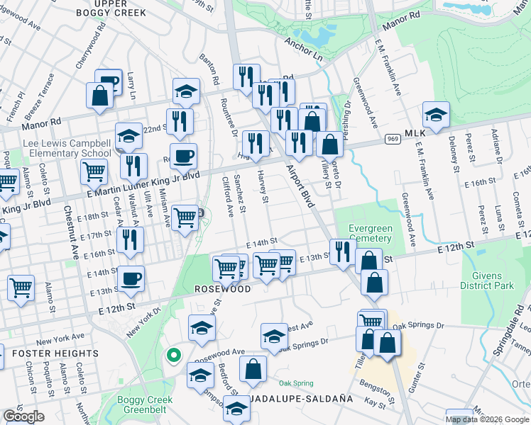 map of restaurants, bars, coffee shops, grocery stores, and more near 1606 Harvey Street in Austin