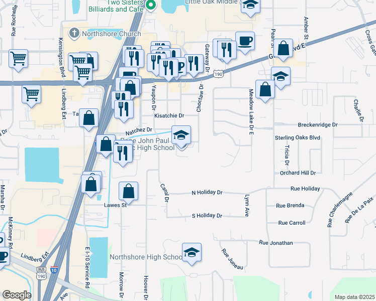 map of restaurants, bars, coffee shops, grocery stores, and more near 1901 Jaguar Drive in Slidell