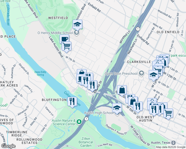 map of restaurants, bars, coffee shops, grocery stores, and more near 611 Deep Eddy Avenue in Austin