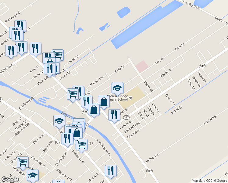 map of restaurants, bars, coffee shops, grocery stores, and more near 1041 Par Road 504 in Breaux Bridge