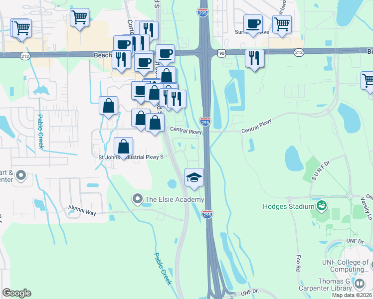 map of restaurants, bars, coffee shops, grocery stores, and more near 3737 Saint Johns Bluff Road South in Jacksonville