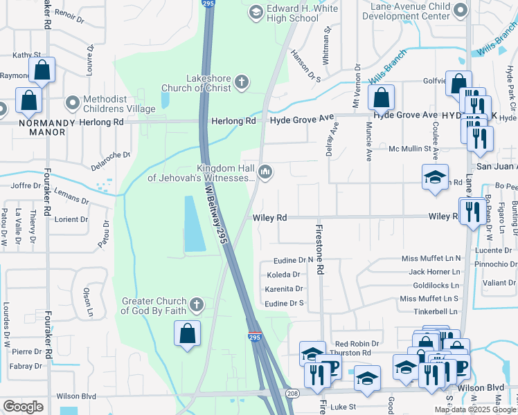 map of restaurants, bars, coffee shops, grocery stores, and more near 2001 Wiley Oaks Lane in Jacksonville