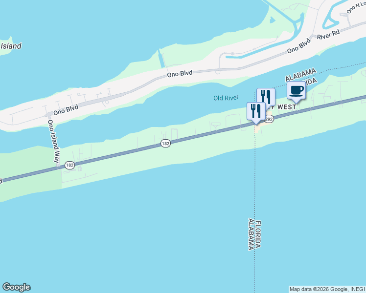 map of restaurants, bars, coffee shops, grocery stores, and more near River Run Road in Orange Beach