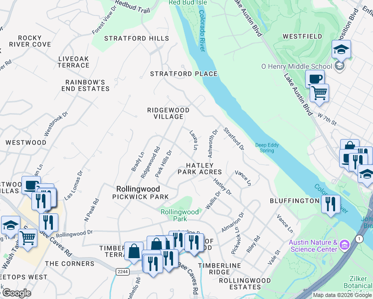 map of restaurants, bars, coffee shops, grocery stores, and more near 106 Laura Lane in Rollingwood