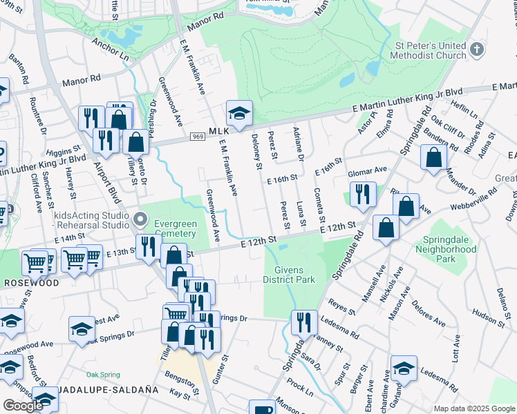 map of restaurants, bars, coffee shops, grocery stores, and more near 1406 Deloney Street in Austin