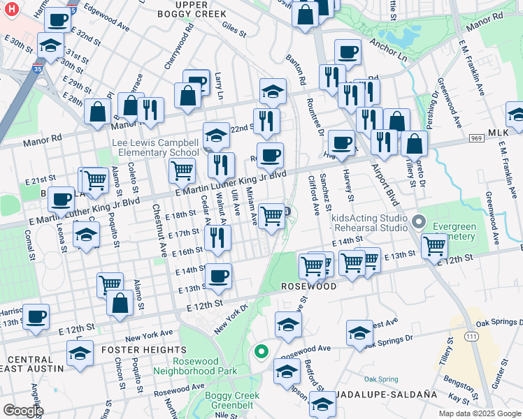 map of restaurants, bars, coffee shops, grocery stores, and more near 2823 East Martin Luther King Junior Boulevard in Austin