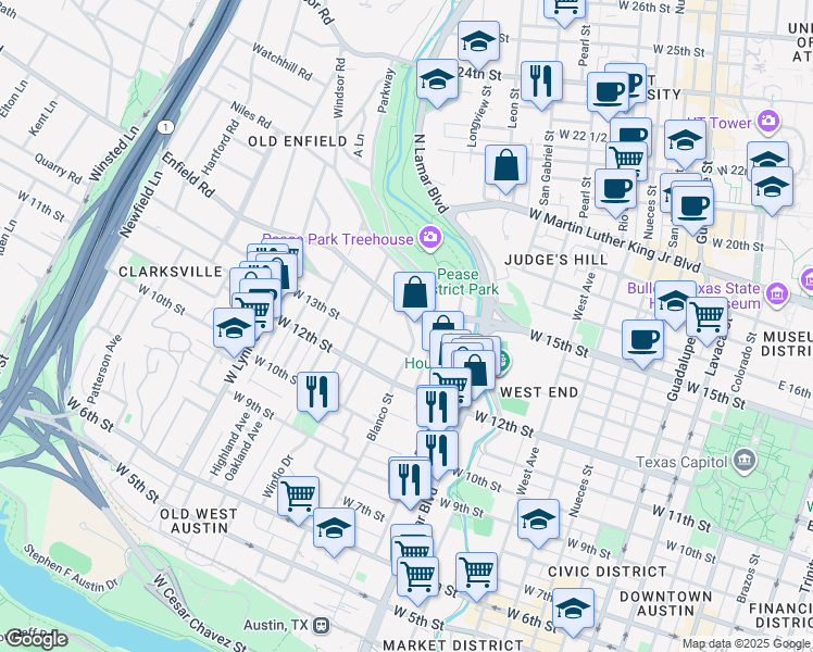 map of restaurants, bars, coffee shops, grocery stores, and more near 1504 Windsor Road in Austin