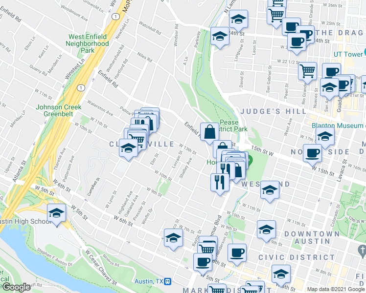 map of restaurants, bars, coffee shops, grocery stores, and more near Lorrain Street in Austin