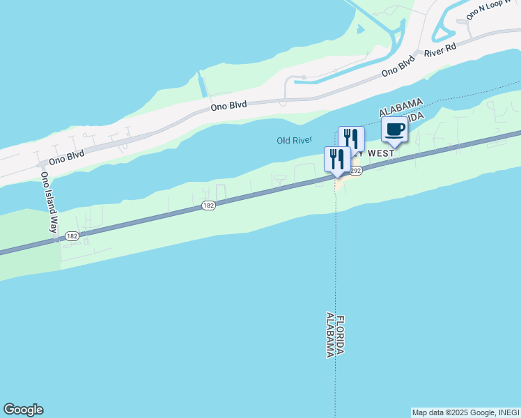 map of restaurants, bars, coffee shops, grocery stores, and more near 29348 Alabama 182 in Orange Beach