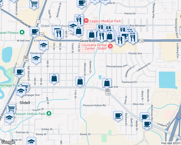 map of restaurants, bars, coffee shops, grocery stores, and more near 1559 Queens Drive in Slidell