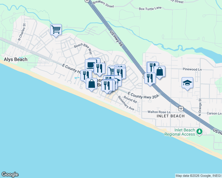 map of restaurants, bars, coffee shops, grocery stores, and more near 104 North Barrett Square in Panama City Beach