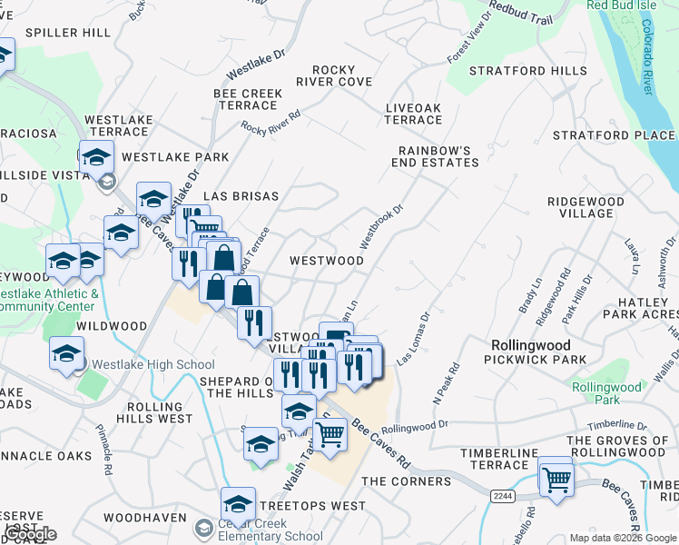map of restaurants, bars, coffee shops, grocery stores, and more near 309 Blue Ridge Trail in Austin