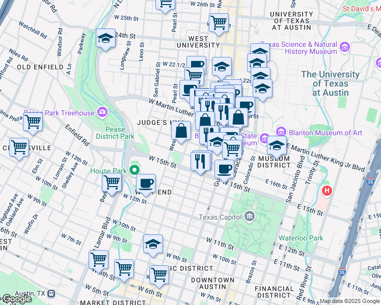 map of restaurants, bars, coffee shops, grocery stores, and more near 1601 Rio Grande Street in Austin