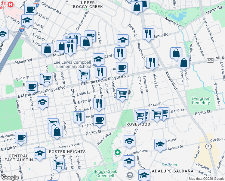 map of restaurants, bars, coffee shops, grocery stores, and more near 1708 Miriam Avenue in Austin