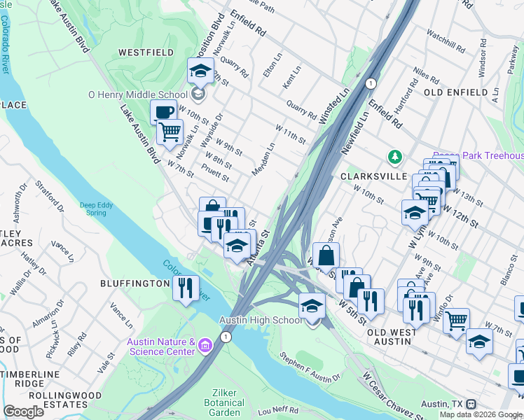 map of restaurants, bars, coffee shops, grocery stores, and more near 709 Upson Street in Austin
