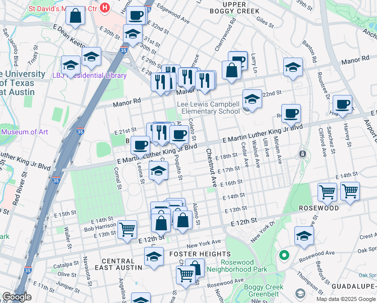 map of restaurants, bars, coffee shops, grocery stores, and more near 2102 East Martin Luther King Junior Boulevard in Austin