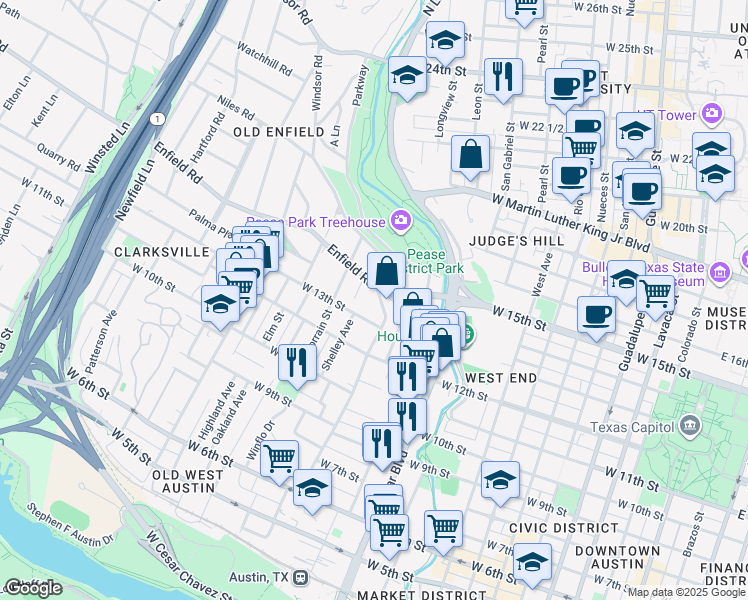 map of restaurants, bars, coffee shops, grocery stores, and more near 1504 Windsor Road in Austin