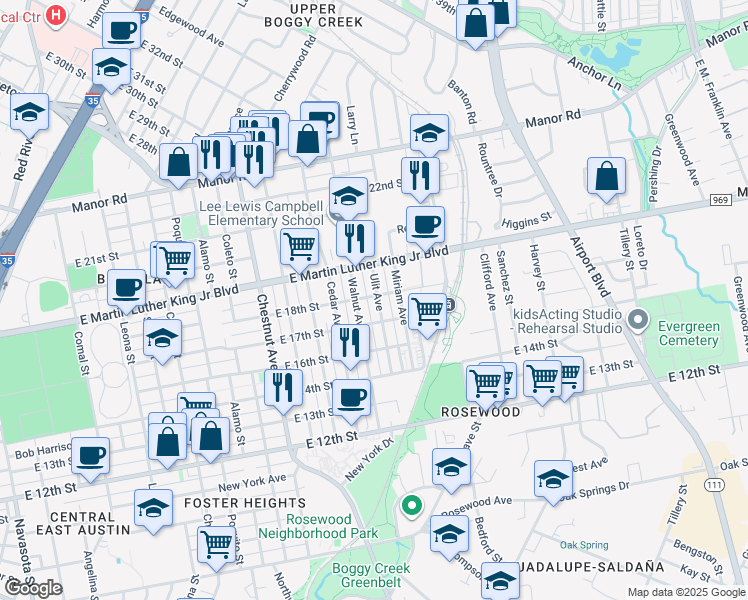 map of restaurants, bars, coffee shops, grocery stores, and more near 1807 Walnut Avenue in Austin
