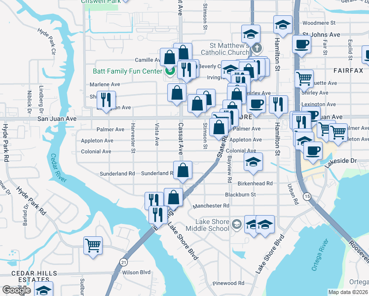 map of restaurants, bars, coffee shops, grocery stores, and more near 4875 Colonial Avenue in Jacksonville