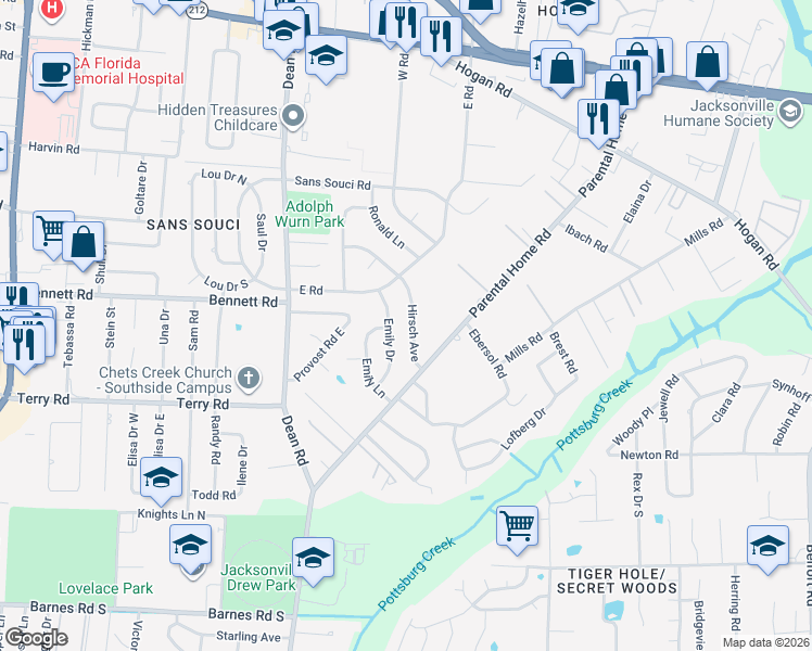 map of restaurants, bars, coffee shops, grocery stores, and more near 2441 Hirsch Avenue in Jacksonville