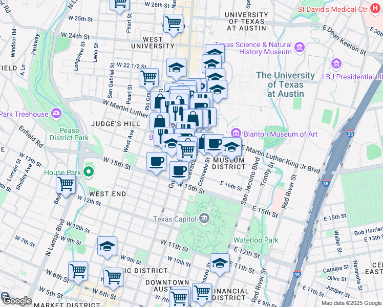 map of restaurants, bars, coffee shops, grocery stores, and more near in Austin