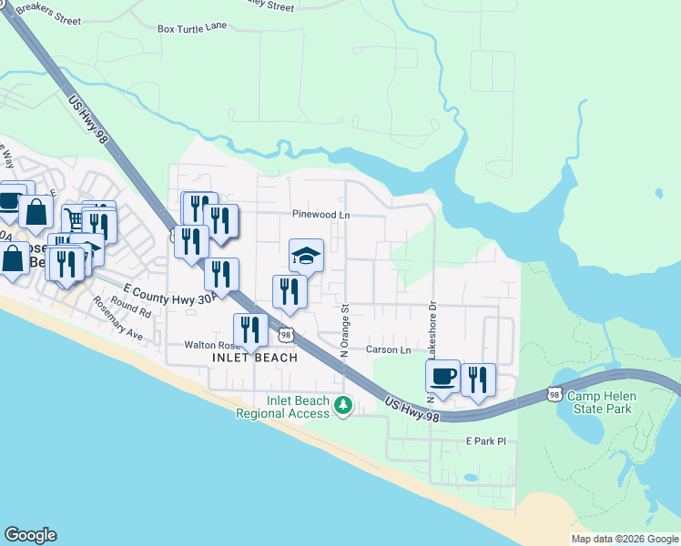 map of restaurants, bars, coffee shops, grocery stores, and more near 160 Sandpine Loop in Rosemary Beach
