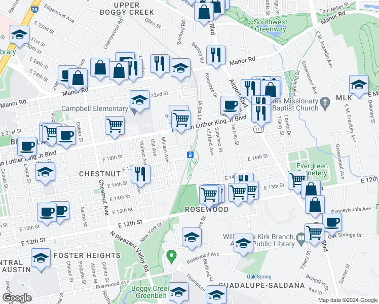 map of restaurants, bars, coffee shops, grocery stores, and more near 1717 Alexander Avenue in Austin