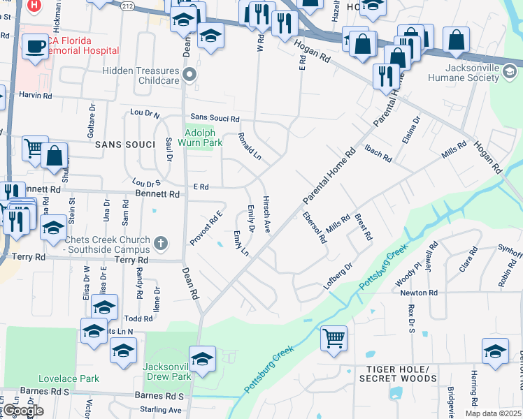 map of restaurants, bars, coffee shops, grocery stores, and more near 2441 Hirsch Avenue in Jacksonville