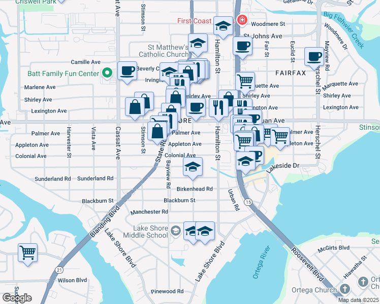 map of restaurants, bars, coffee shops, grocery stores, and more near 4609 Appleton Avenue in Jacksonville