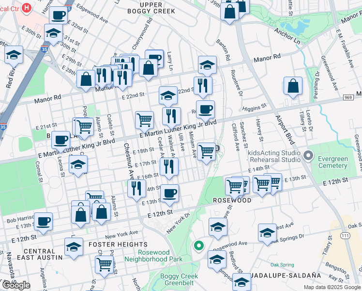 map of restaurants, bars, coffee shops, grocery stores, and more near 1807 Walnut Avenue in Austin