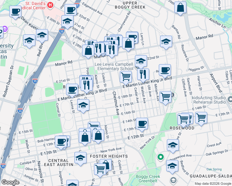 map of restaurants, bars, coffee shops, grocery stores, and more near 2210 East Martin Luther King Junior Boulevard in Austin