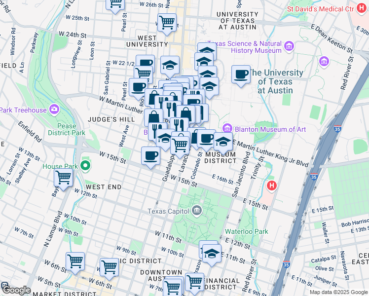 map of restaurants, bars, coffee shops, grocery stores, and more near 1800 Lavaca Street in Austin