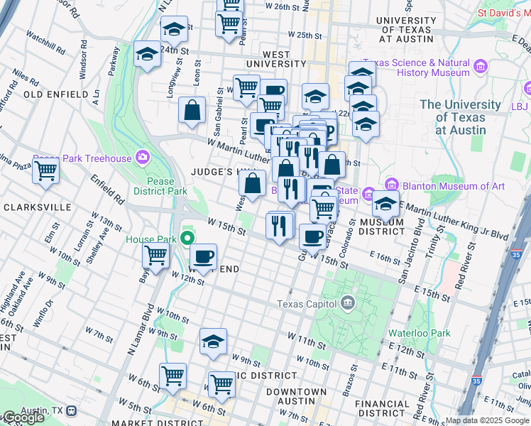 map of restaurants, bars, coffee shops, grocery stores, and more near in Austin