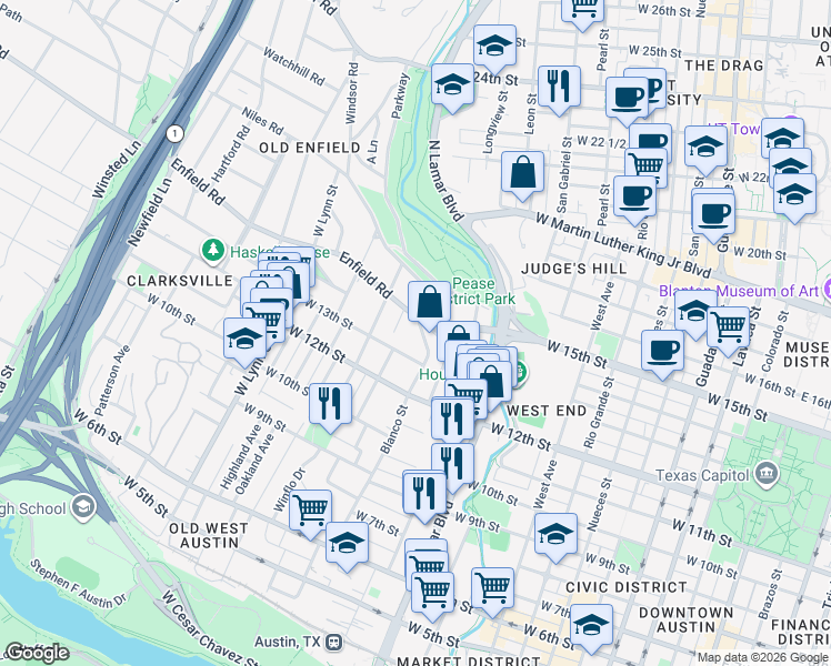 map of restaurants, bars, coffee shops, grocery stores, and more near 1504 Windsor Road in Austin