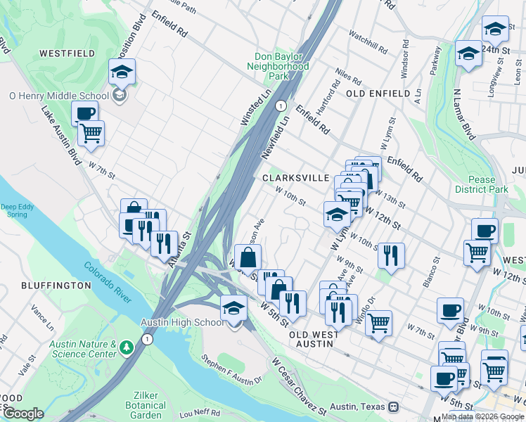 map of restaurants, bars, coffee shops, grocery stores, and more near 804 Patterson Avenue in Austin