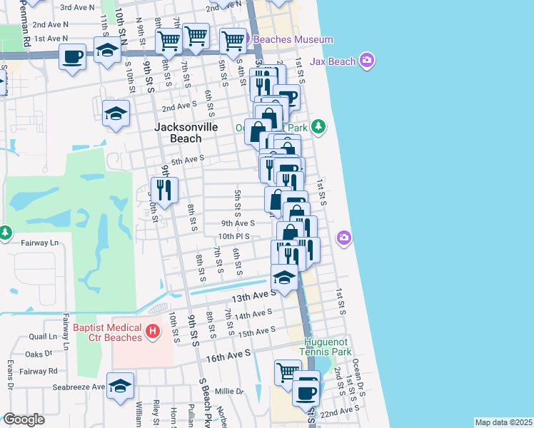 map of restaurants, bars, coffee shops, grocery stores, and more near 404 Upper 8th Avenue South in Jacksonville Beach