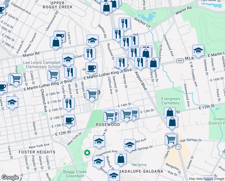 map of restaurants, bars, coffee shops, grocery stores, and more near 1701 Clifford Avenue in Austin