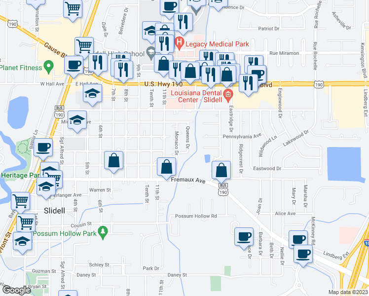 map of restaurants, bars, coffee shops, grocery stores, and more near 1559 Queens Drive in Slidell