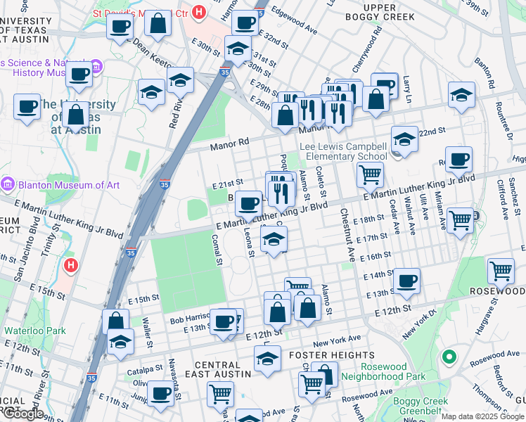 map of restaurants, bars, coffee shops, grocery stores, and more near 1803 East 20th Street in Austin