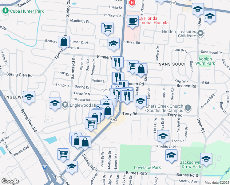 map of restaurants, bars, coffee shops, grocery stores, and more near 4210 State Highway 109 A in Jacksonville