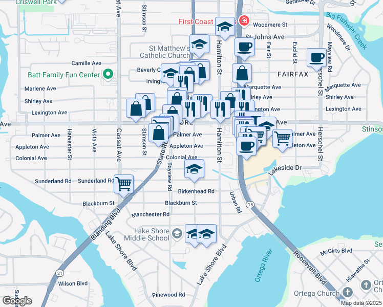 map of restaurants, bars, coffee shops, grocery stores, and more near 4609 Appleton Avenue in Jacksonville