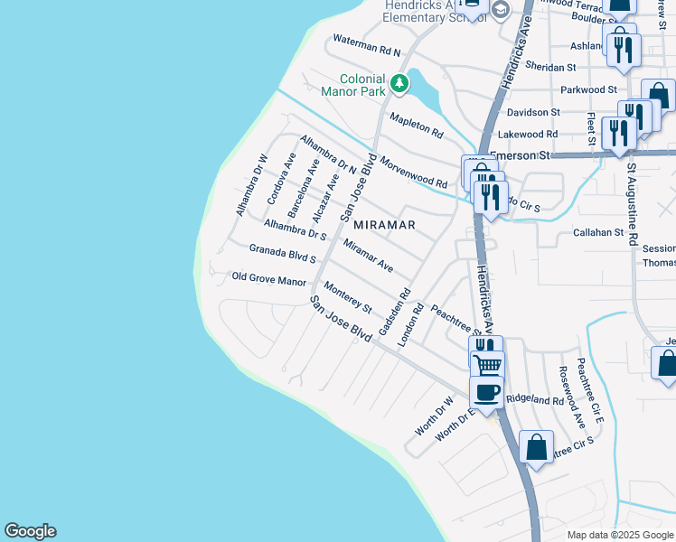map of restaurants, bars, coffee shops, grocery stores, and more near 1122 Peachtree Street in Jacksonville